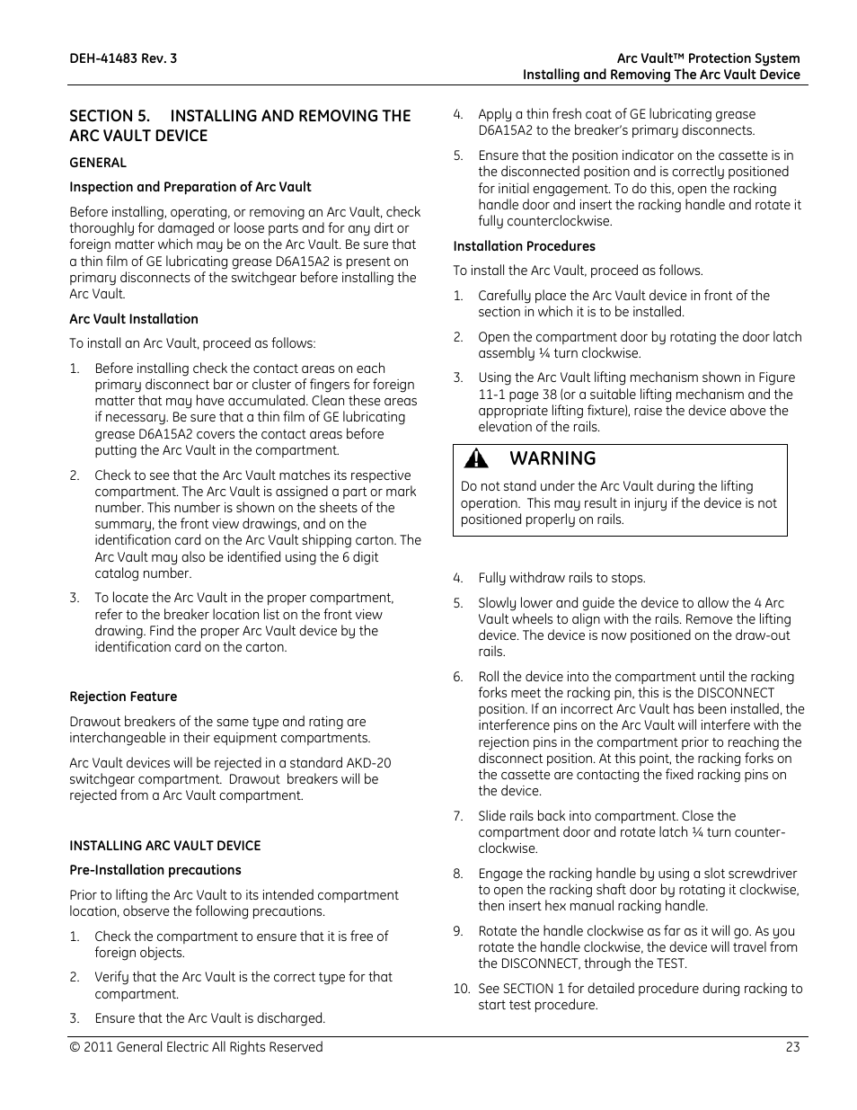 Warning | GE Industrial Solutions Arc Vault Protection System User Manual | Page 31 / 51