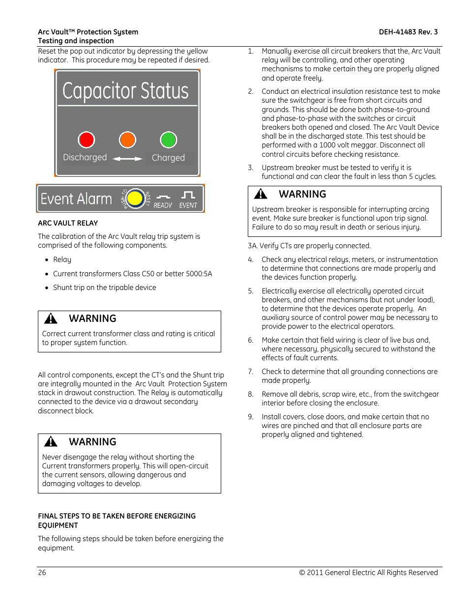 Disch charge, Warning | GE Industrial Solutions Arc Vault Protection System User Manual | Page 34 / 51