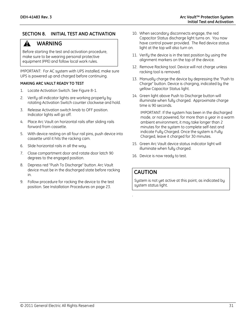 Warning, Caution | GE Industrial Solutions Arc Vault Protection System User Manual | Page 39 / 51