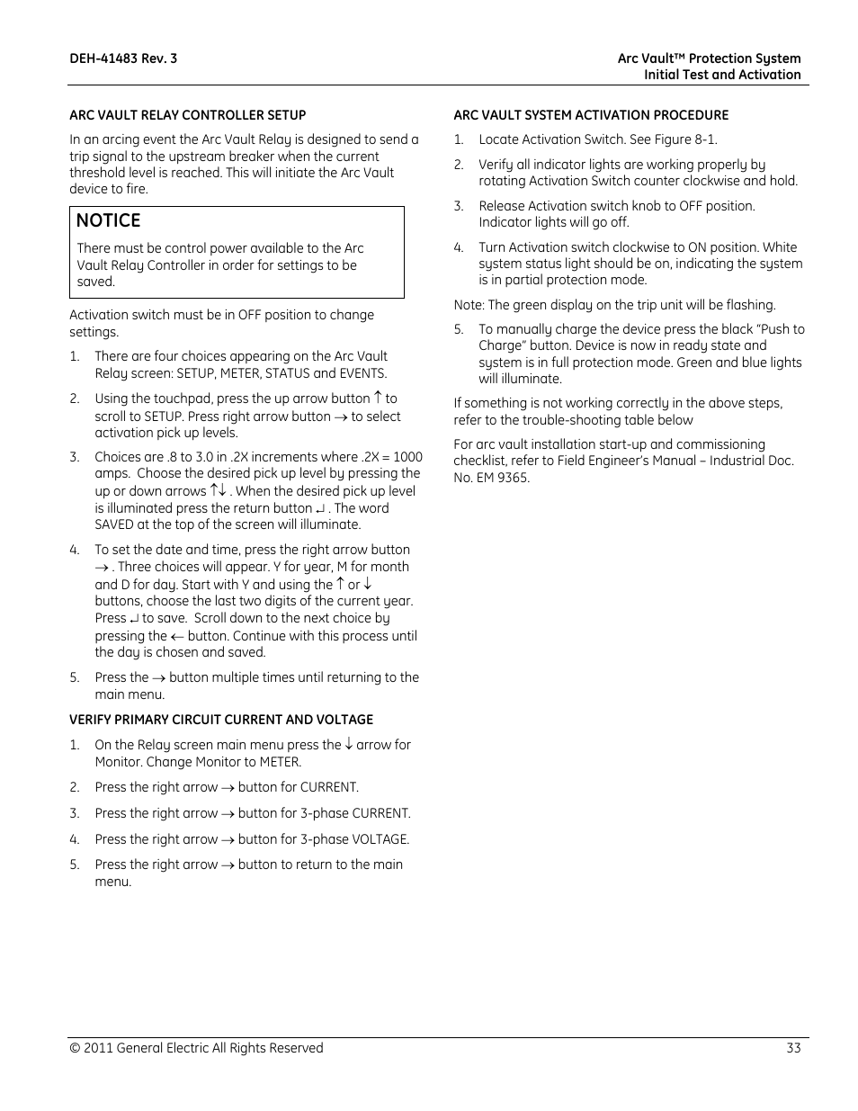 Notice | GE Industrial Solutions Arc Vault Protection System User Manual | Page 41 / 51