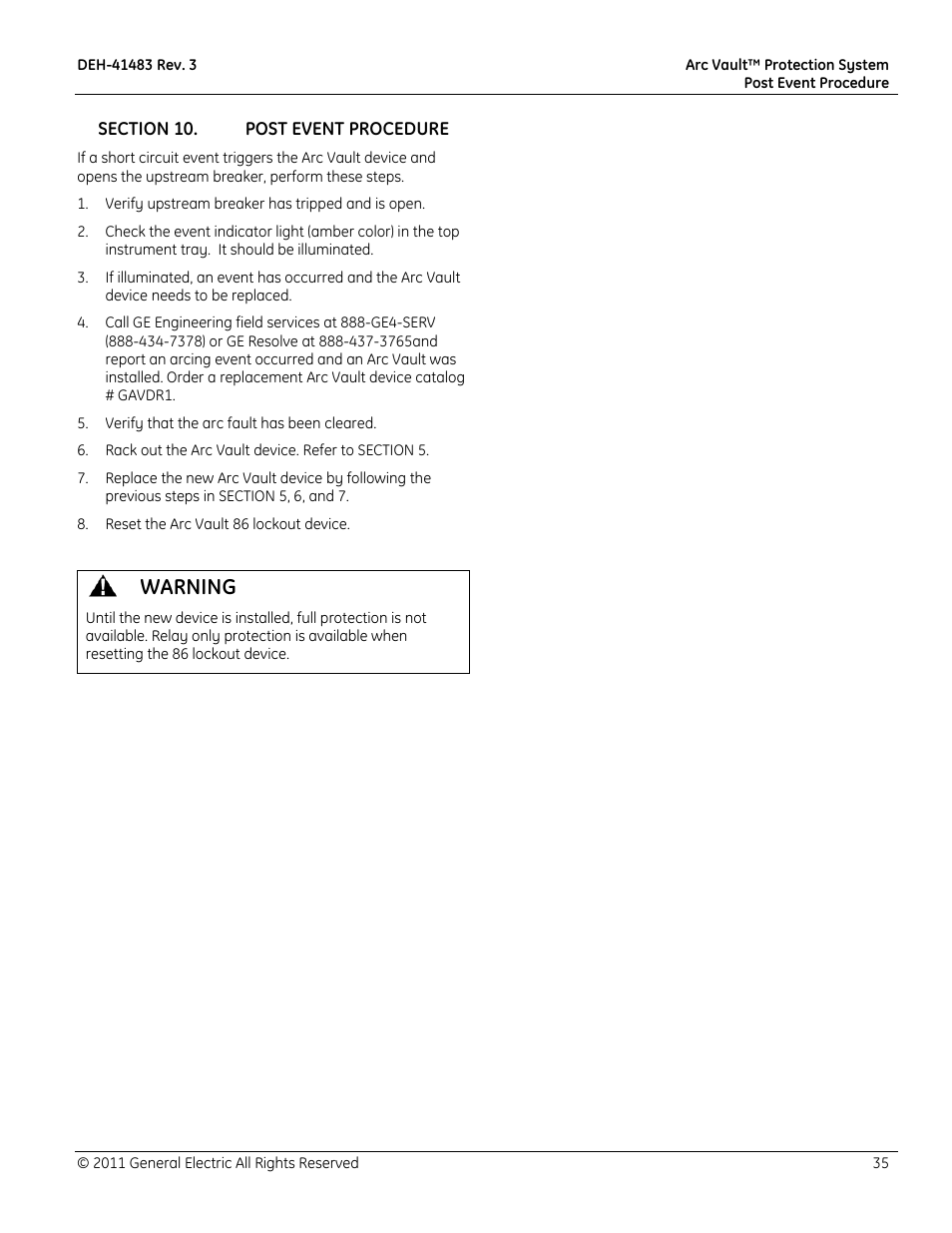 Warning | GE Industrial Solutions Arc Vault Protection System User Manual | Page 43 / 51