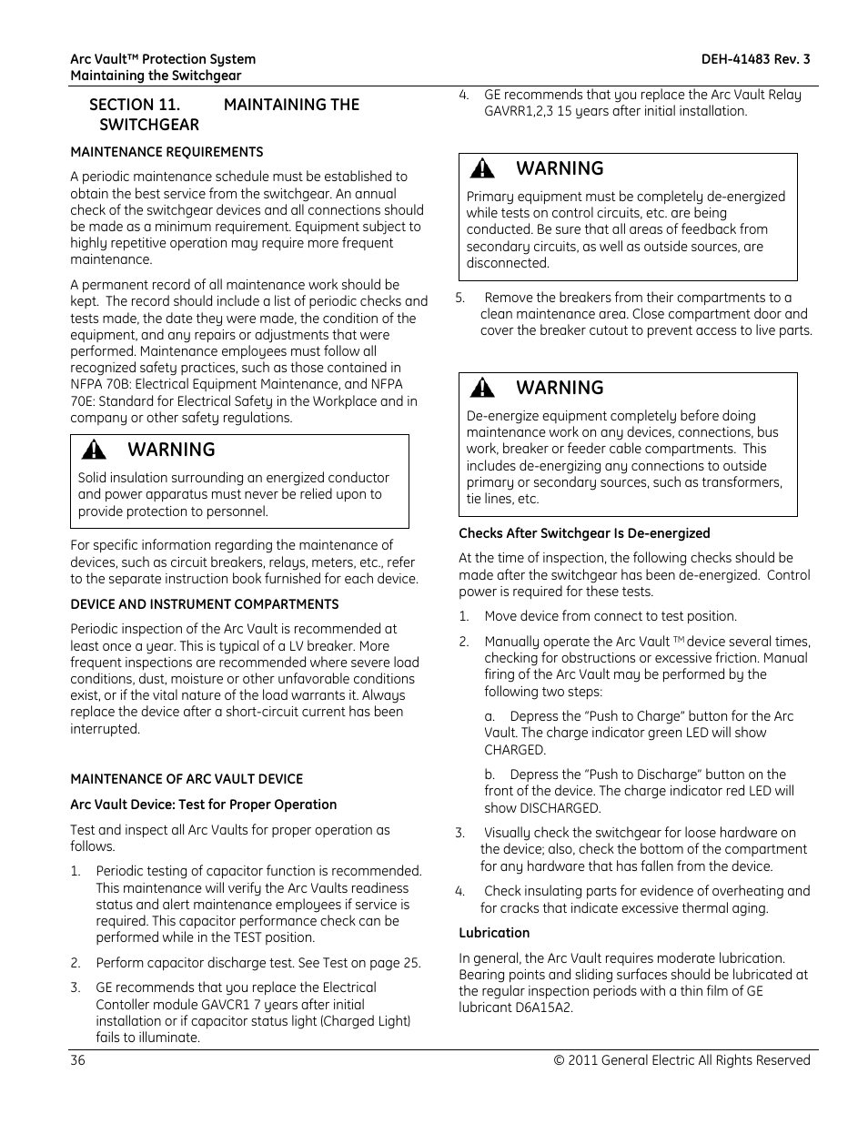 Warning | GE Industrial Solutions Arc Vault Protection System User Manual | Page 44 / 51