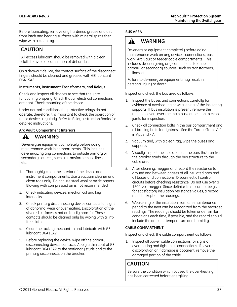 Caution, Warning | GE Industrial Solutions Arc Vault Protection System User Manual | Page 45 / 51