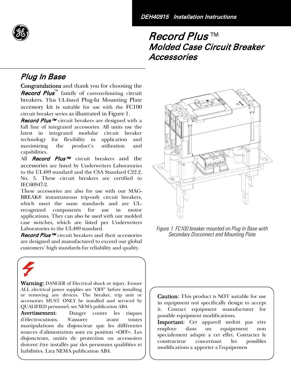 GE Industrial Solutions Record Plus Plug-In Bases: FC100 User Manual | 6 pages