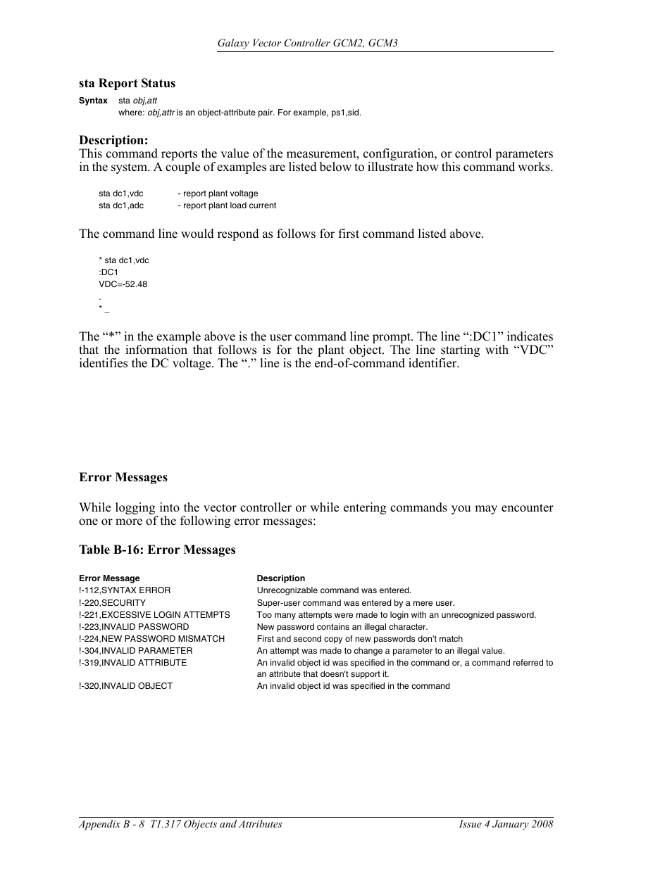 Sta report status, Error messages, B - 8 | Table b-16: error messages | GE Industrial Solutions Galaxy Vector Controller GCM3 User Manual | Page 100 / 102