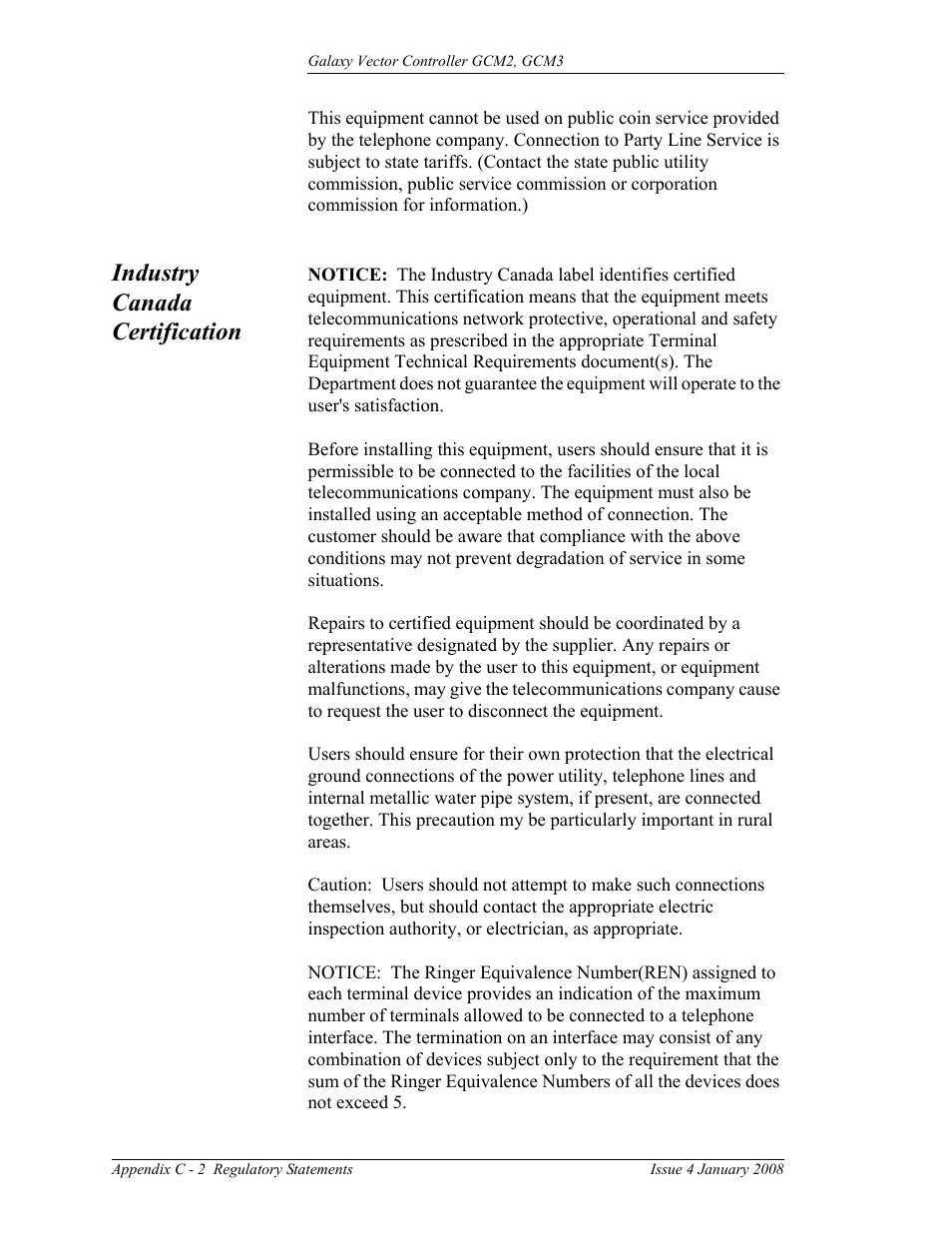 Industry canada certification, C - 2 | GE Industrial Solutions Galaxy Vector Controller GCM3 User Manual | Page 102 / 102