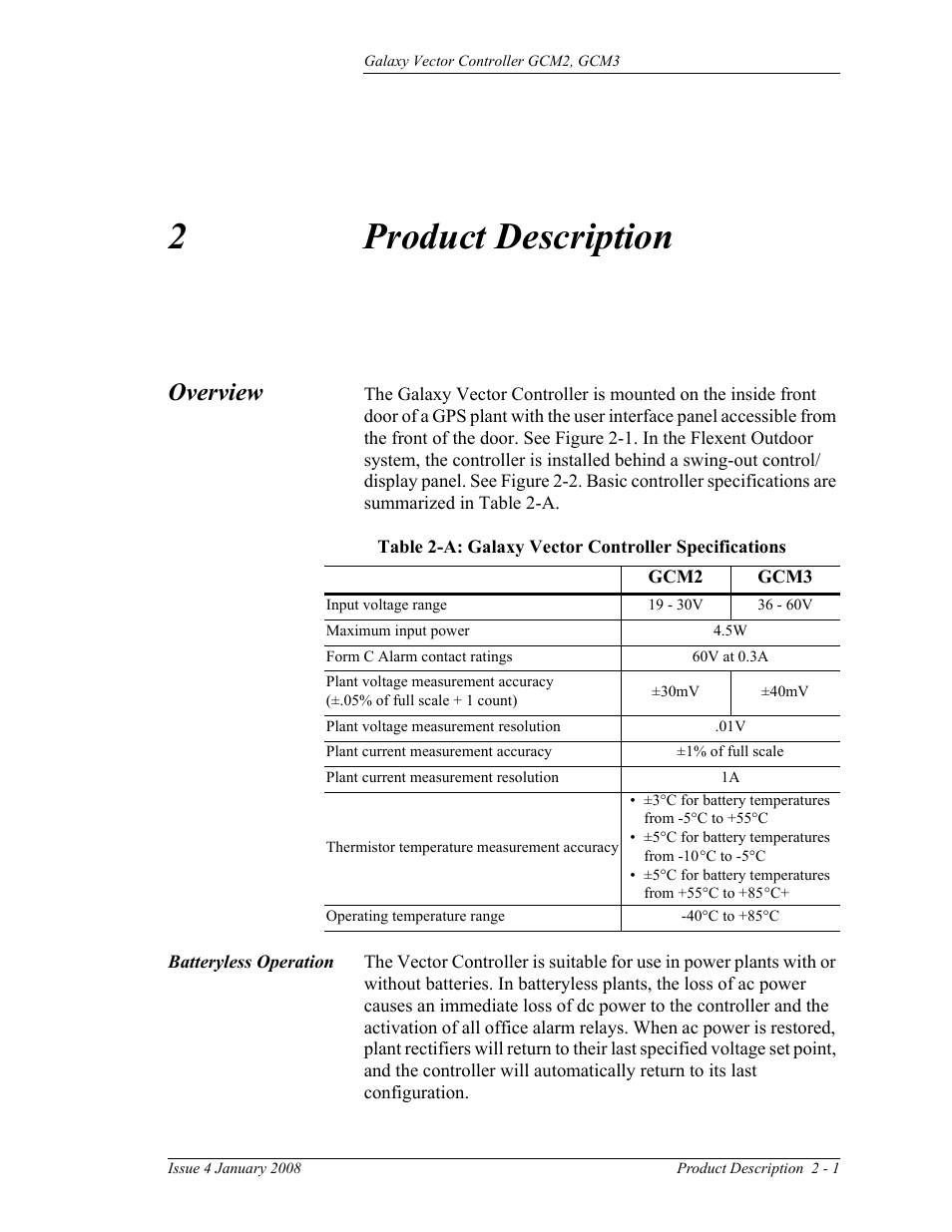 Product description, Overview, Batteryless operation | 2 product description, Table 2-a: galaxy vector controller specifications, 2product description | GE Industrial Solutions Galaxy Vector Controller GCM3 User Manual | Page 15 / 102