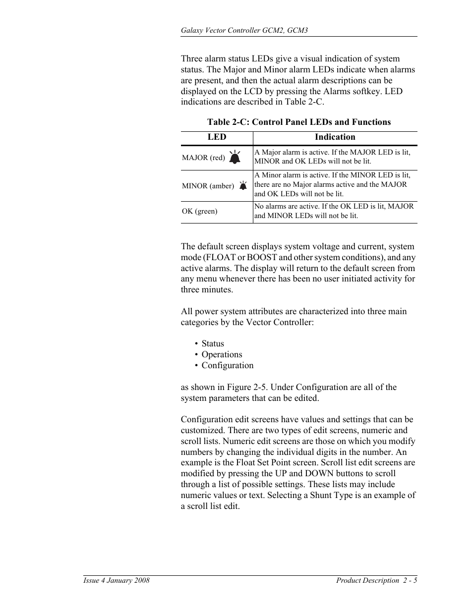 Table 2-c: control panel leds and functions | GE Industrial Solutions Galaxy Vector Controller GCM3 User Manual | Page 19 / 102