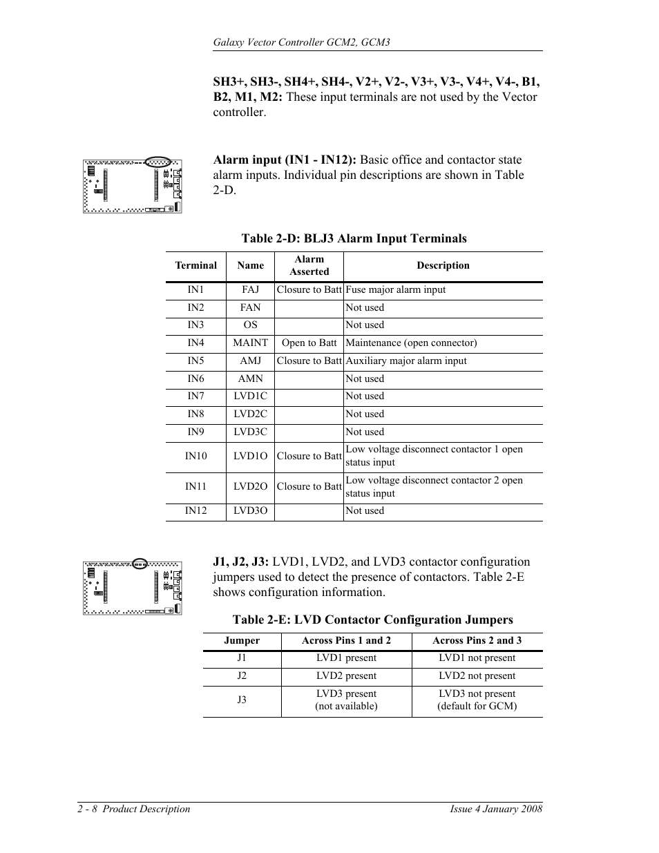 Table 2-d: blj3 alarm input terminals, Table 2-e: lvd contactor configuration jumpers | GE Industrial Solutions Galaxy Vector Controller GCM3 User Manual | Page 22 / 102