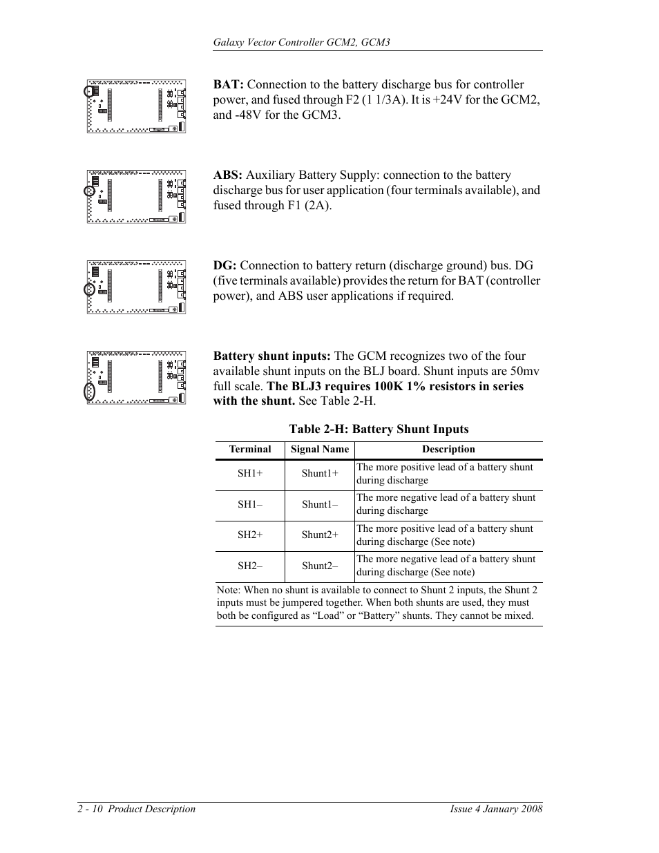 Table 2-h: battery shunt inputs | GE Industrial Solutions Galaxy Vector Controller GCM3 User Manual | Page 24 / 102