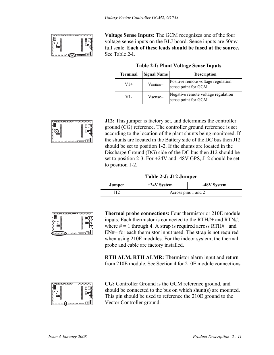 Table 2-i: plant voltage sense inputs, Table 2-j: j12 jumper | GE Industrial Solutions Galaxy Vector Controller GCM3 User Manual | Page 25 / 102