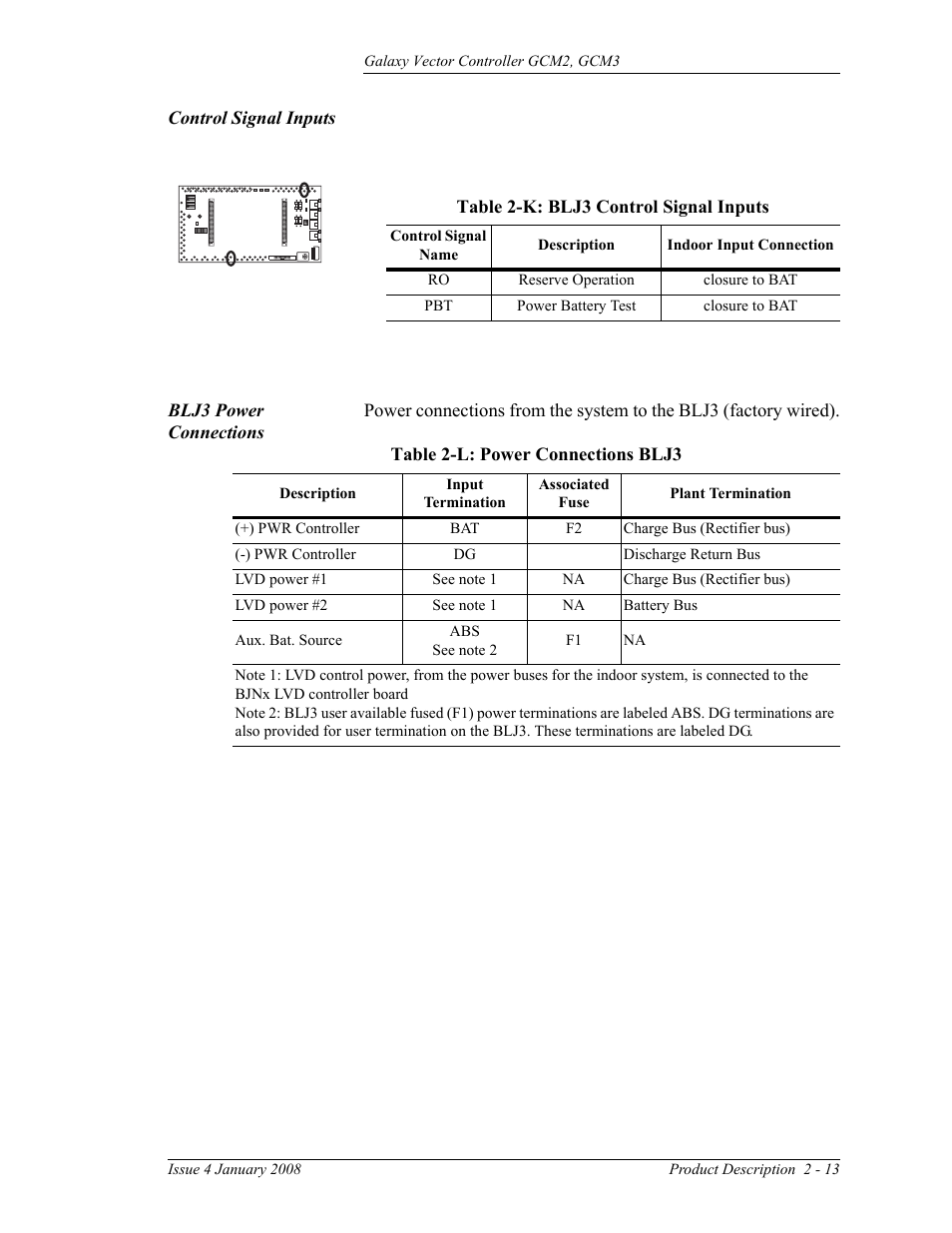 Control signal inputs, Blj3 power connections, Table 2-k: blj3 control signal inputs | Table 2-l: power connections blj3 | GE Industrial Solutions Galaxy Vector Controller GCM3 User Manual | Page 27 / 102