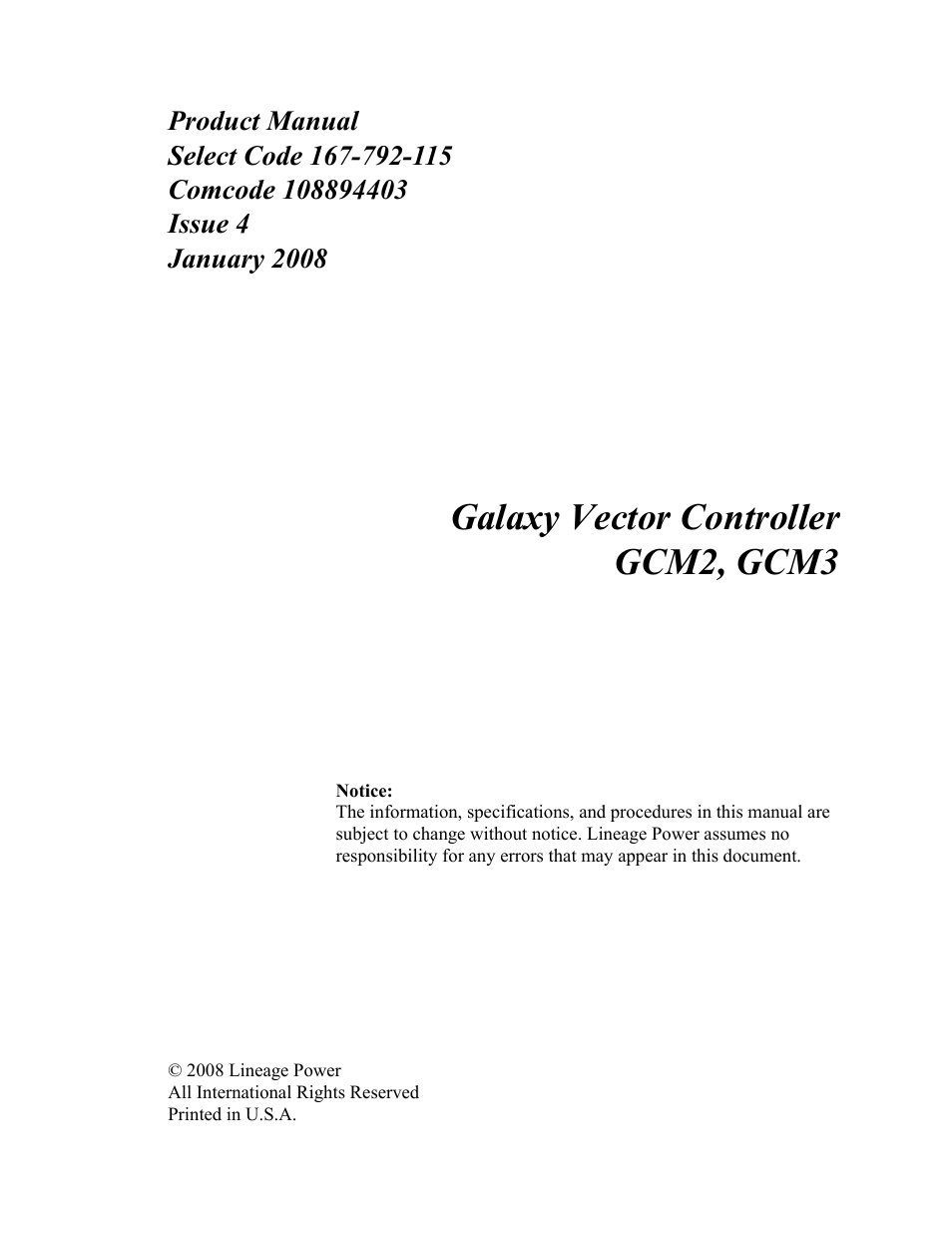 Galaxy vector controller gcm2, gcm3 | GE Industrial Solutions Galaxy Vector Controller GCM3 User Manual | Page 3 / 102