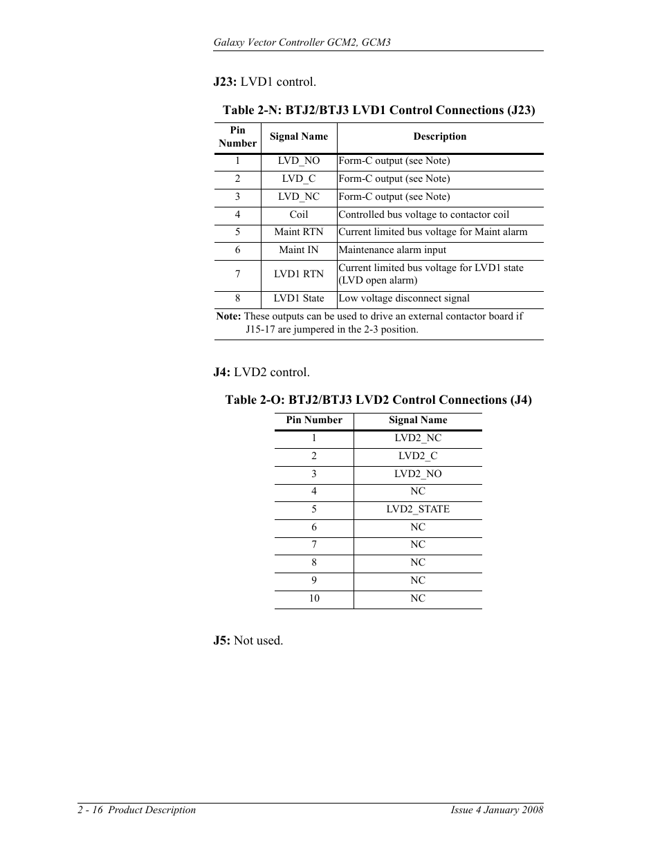 Table 2-o: btj2/btj3 lvd2 control connections (j4) | GE Industrial Solutions Galaxy Vector Controller GCM3 User Manual | Page 30 / 102