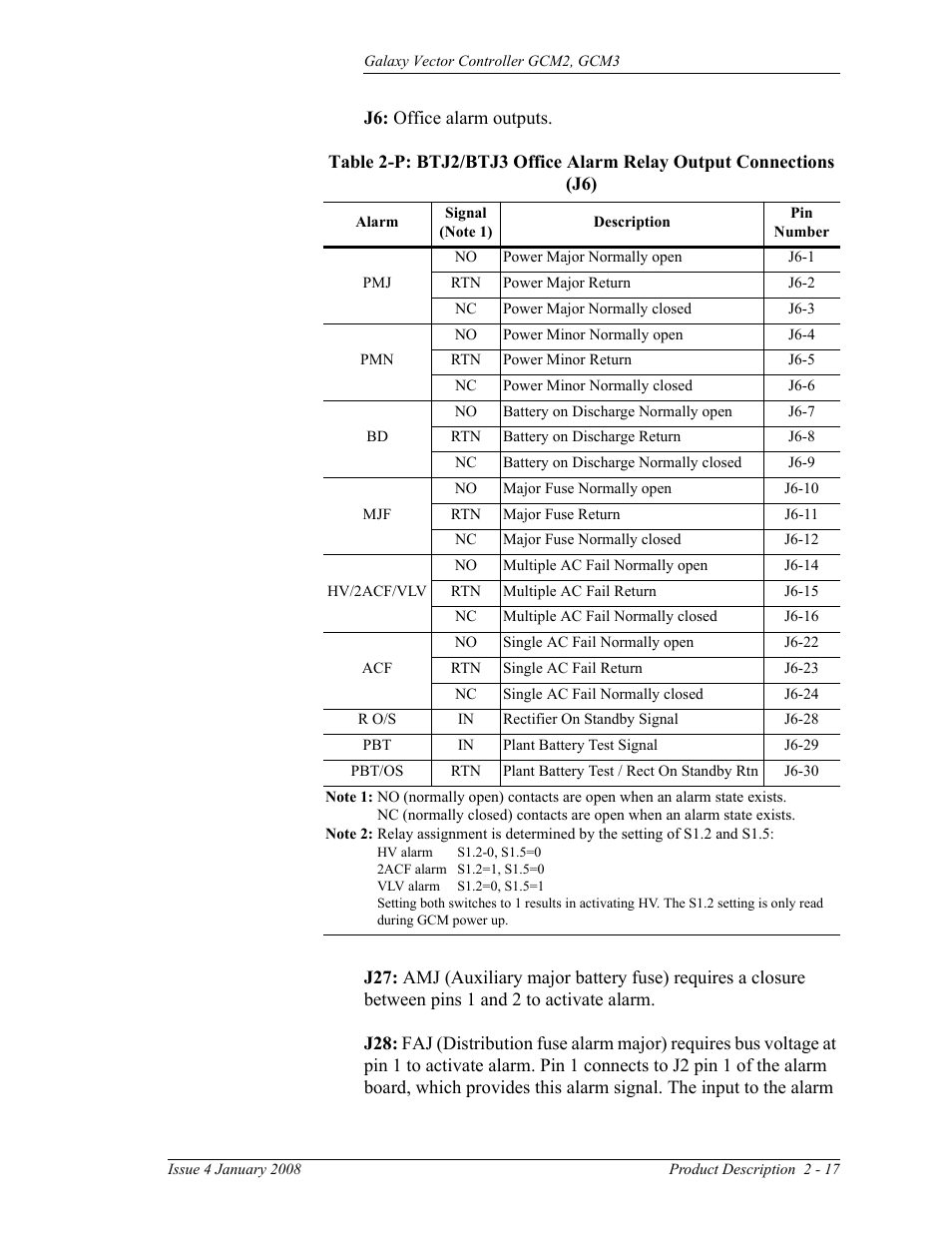 Table 2-p: btj2/btj3 office alarm relay output, Connections (j6) | GE Industrial Solutions Galaxy Vector Controller GCM3 User Manual | Page 31 / 102