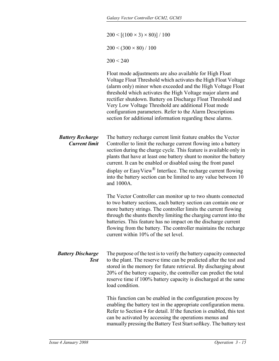 Battery recharge current limit, Battery discharge test | GE Industrial Solutions Galaxy Vector Controller GCM3 User Manual | Page 49 / 102