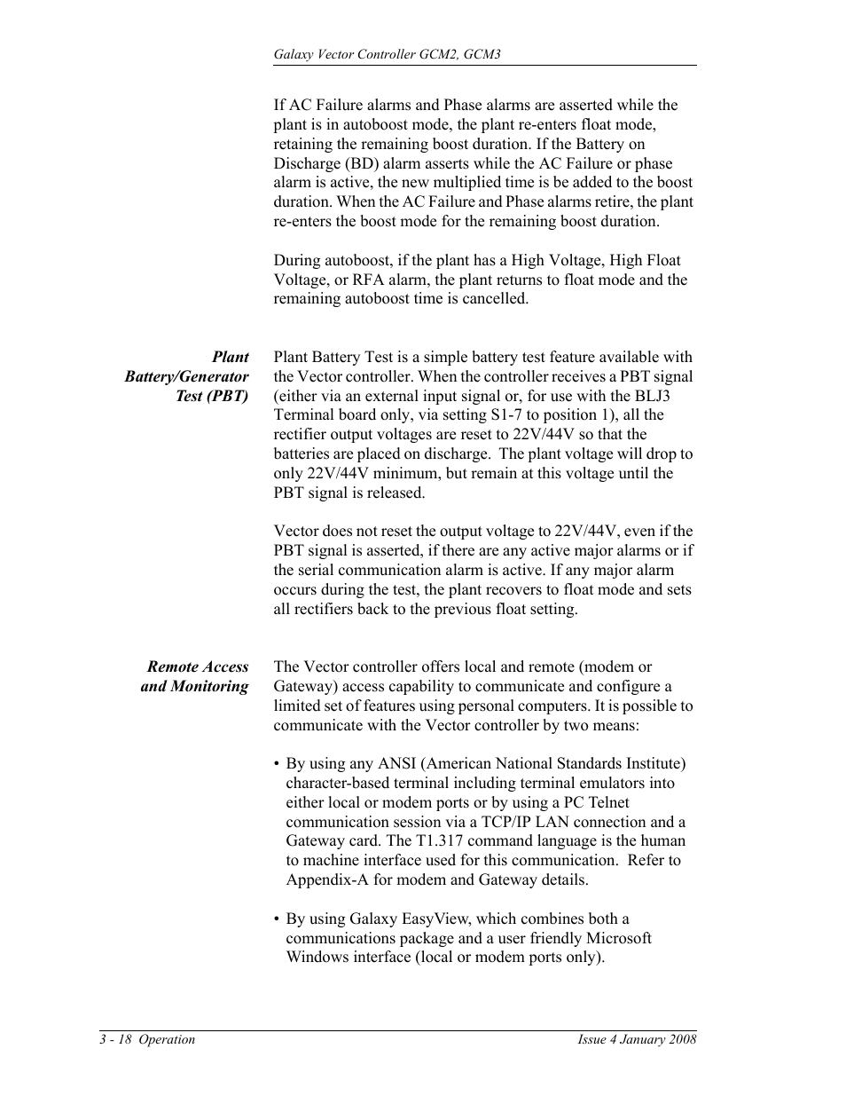 Plant battery/generator test (pbt), Remote access and monitoring, Plant generator/battery test (pbt) | GE Industrial Solutions Galaxy Vector Controller GCM3 User Manual | Page 52 / 102