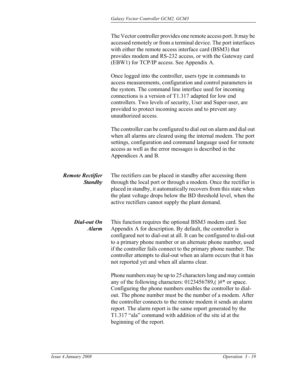 Remote rectifier standby, Dial-out on alarm | GE Industrial Solutions Galaxy Vector Controller GCM3 User Manual | Page 53 / 102