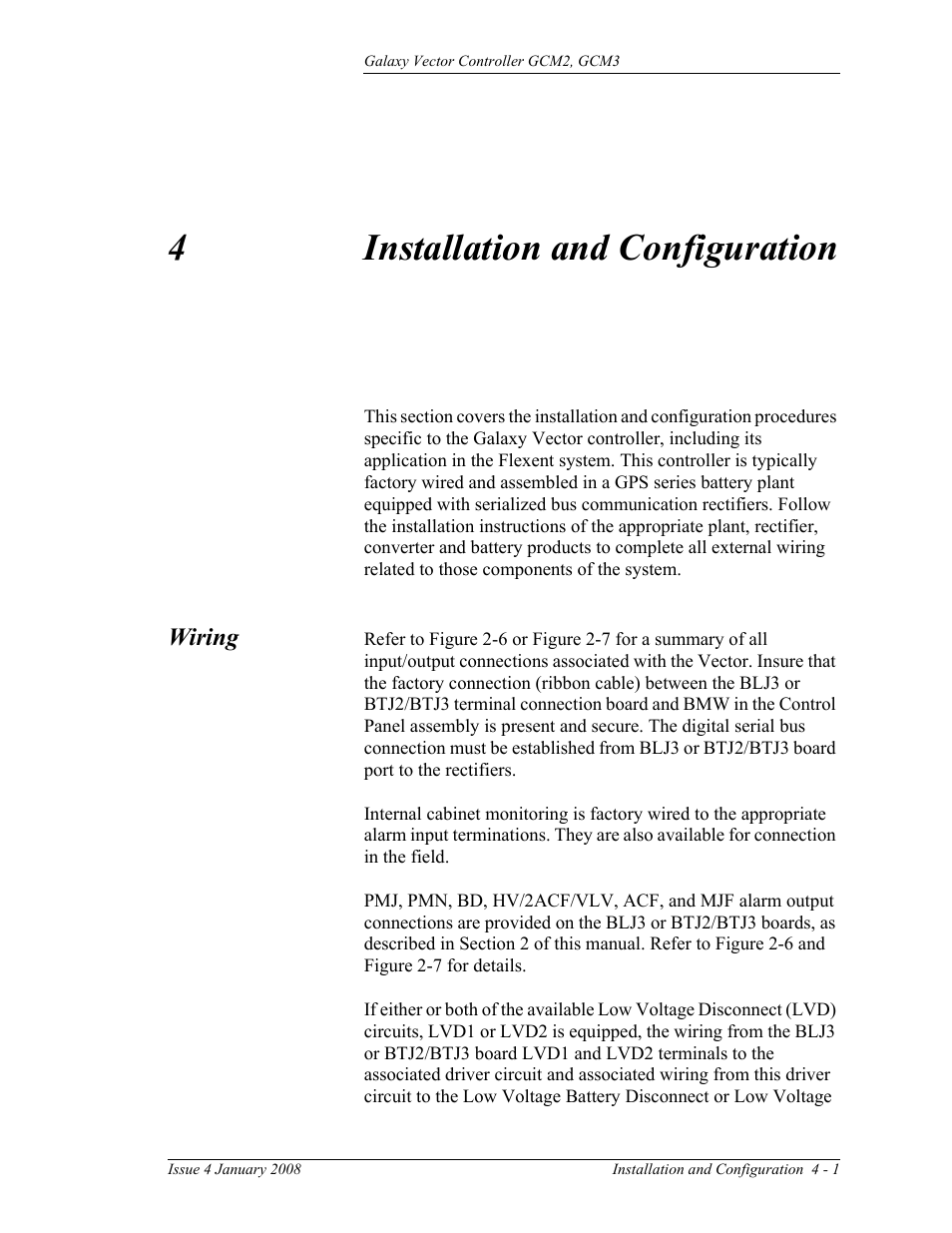 Installation and configuration, Wiring, 4 installation and configuration | 4installation and configuration | GE Industrial Solutions Galaxy Vector Controller GCM3 User Manual | Page 55 / 102