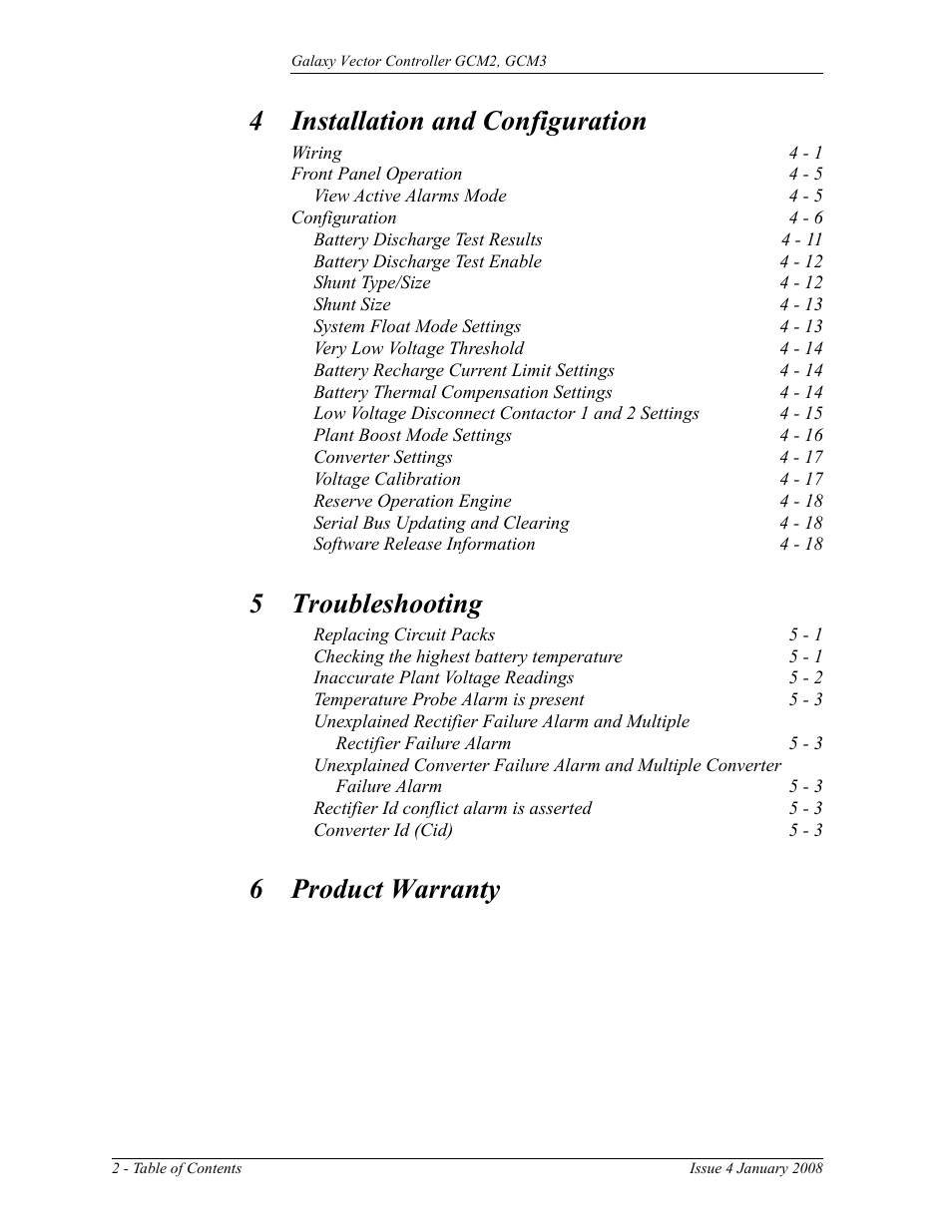 4 installation and configuration, 5 troubleshooting, 6 product warranty | GE Industrial Solutions Galaxy Vector Controller GCM3 User Manual | Page 6 / 102