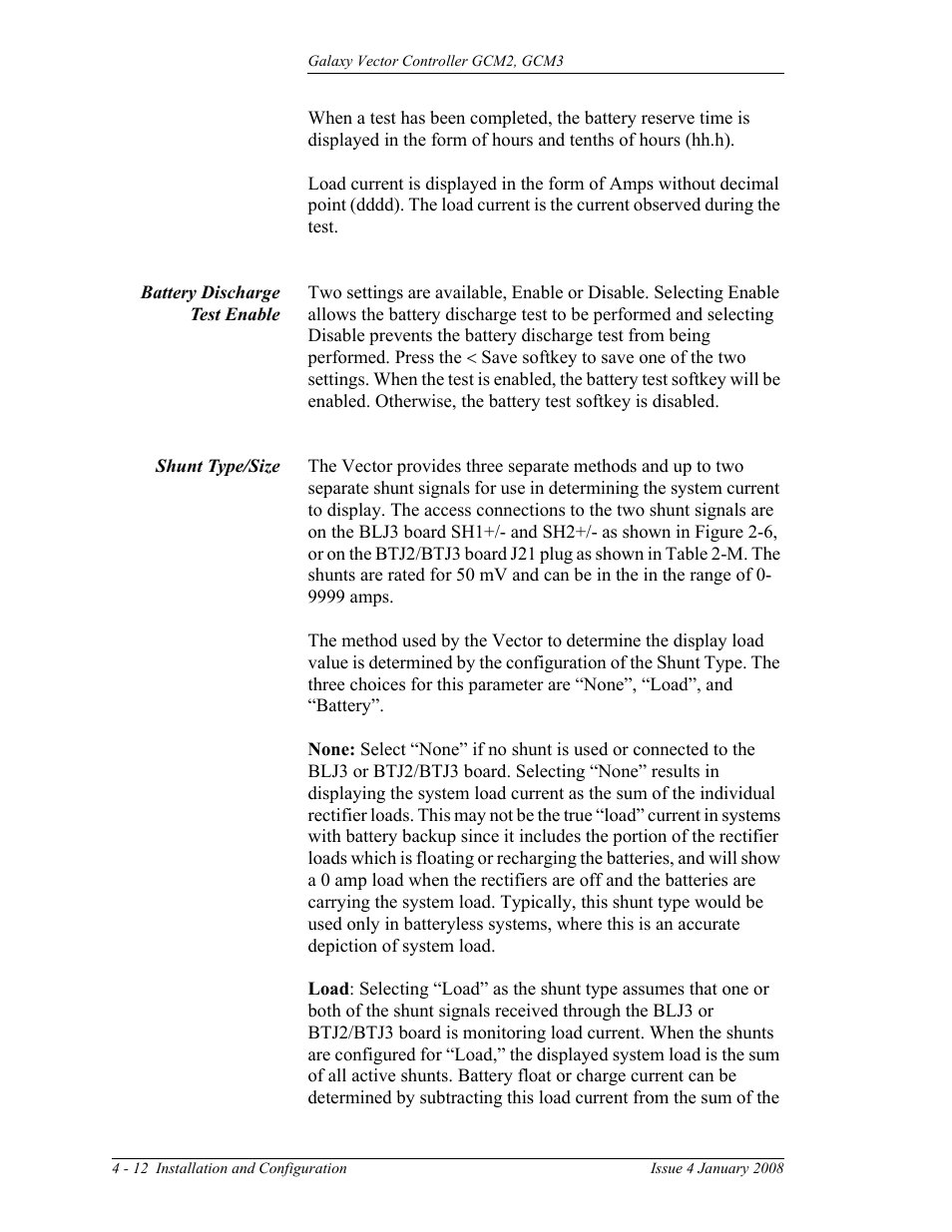 Battery discharge test enable, Shunt type/size | GE Industrial Solutions Galaxy Vector Controller GCM3 User Manual | Page 66 / 102