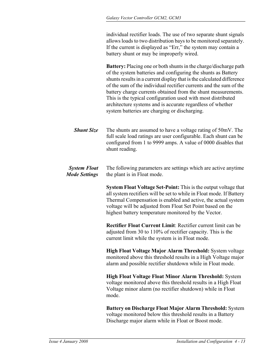 Shunt size, System float mode settings | GE Industrial Solutions Galaxy Vector Controller GCM3 User Manual | Page 67 / 102