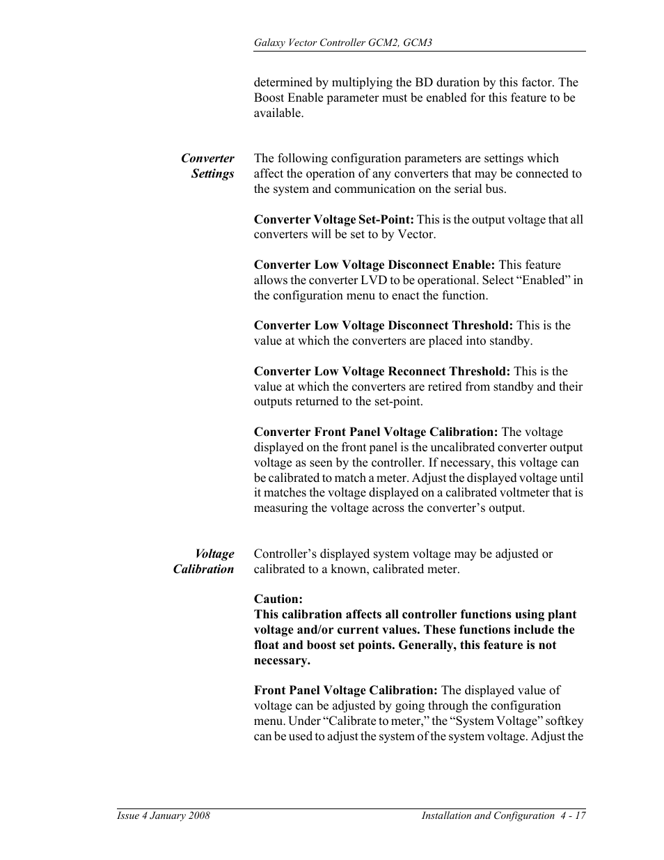 Converter settings, Voltage calibration | GE Industrial Solutions Galaxy Vector Controller GCM3 User Manual | Page 71 / 102