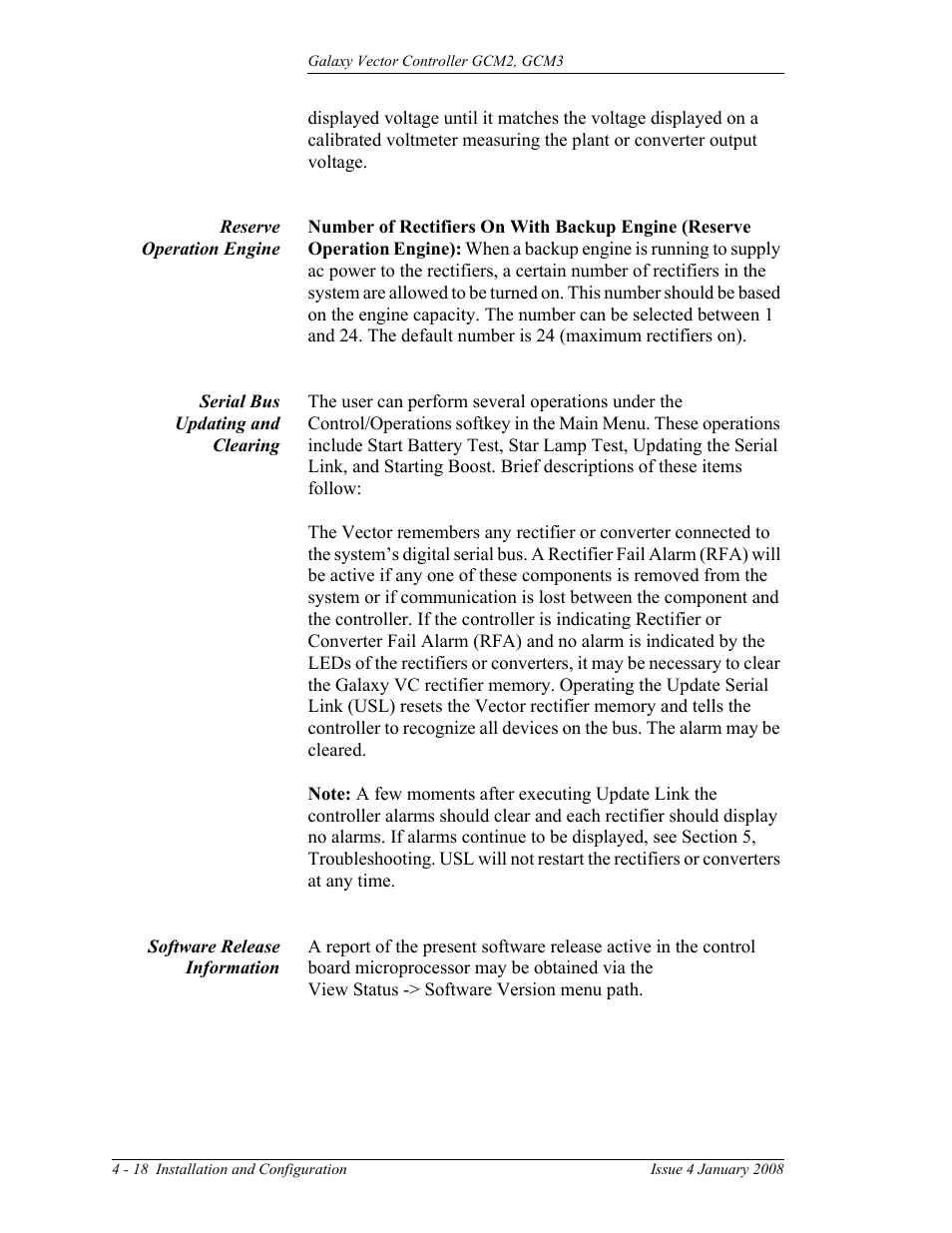 Reserve operation engine, Serial bus updating and clearing, Software release information | GE Industrial Solutions Galaxy Vector Controller GCM3 User Manual | Page 72 / 102