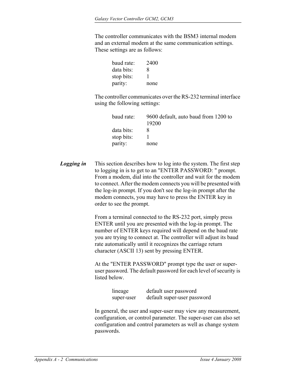 Logging in, A - 2 | GE Industrial Solutions Galaxy Vector Controller GCM3 User Manual | Page 80 / 102
