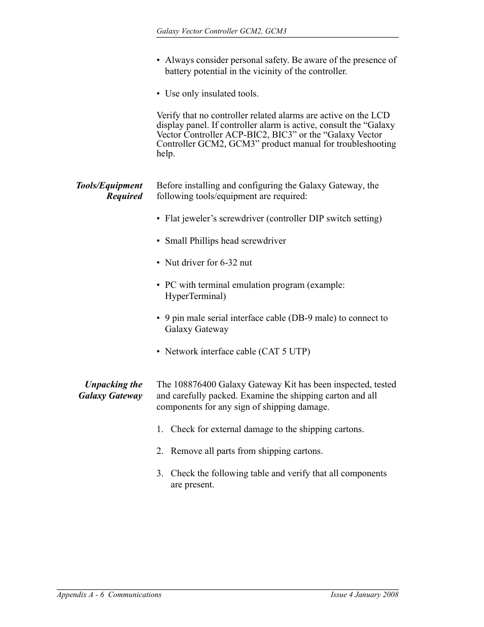 Tools/equipment required, Unpacking the galaxy gateway, A - 6 | GE Industrial Solutions Galaxy Vector Controller GCM3 User Manual | Page 84 / 102