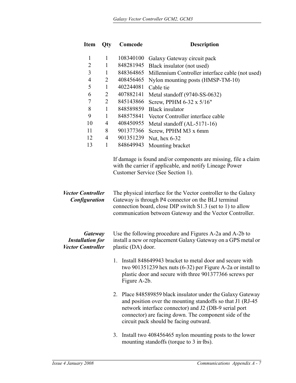 Vector controller configuration, Gateway installation for vector controller, A - 7 | GE Industrial Solutions Galaxy Vector Controller GCM3 User Manual | Page 85 / 102