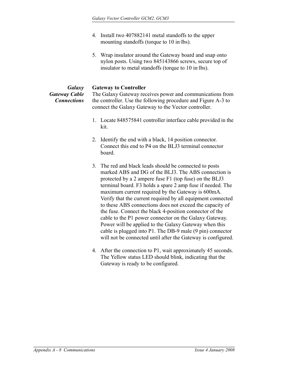 Galaxy gateway cable connections, Galaxy, Gateway cable connections | A - 8 | GE Industrial Solutions Galaxy Vector Controller GCM3 User Manual | Page 86 / 102