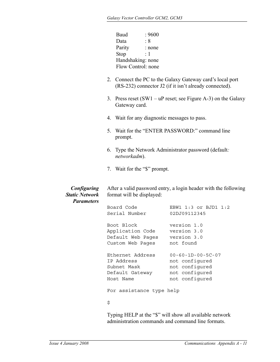 Configuring static network parameters, A - 11 | GE Industrial Solutions Galaxy Vector Controller GCM3 User Manual | Page 89 / 102