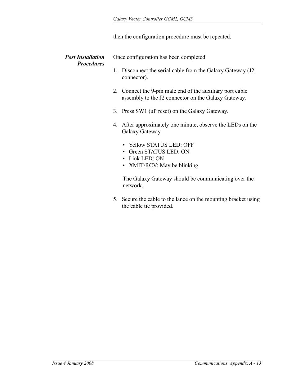 Post installation procedures, A - 13 | GE Industrial Solutions Galaxy Vector Controller GCM3 User Manual | Page 91 / 102