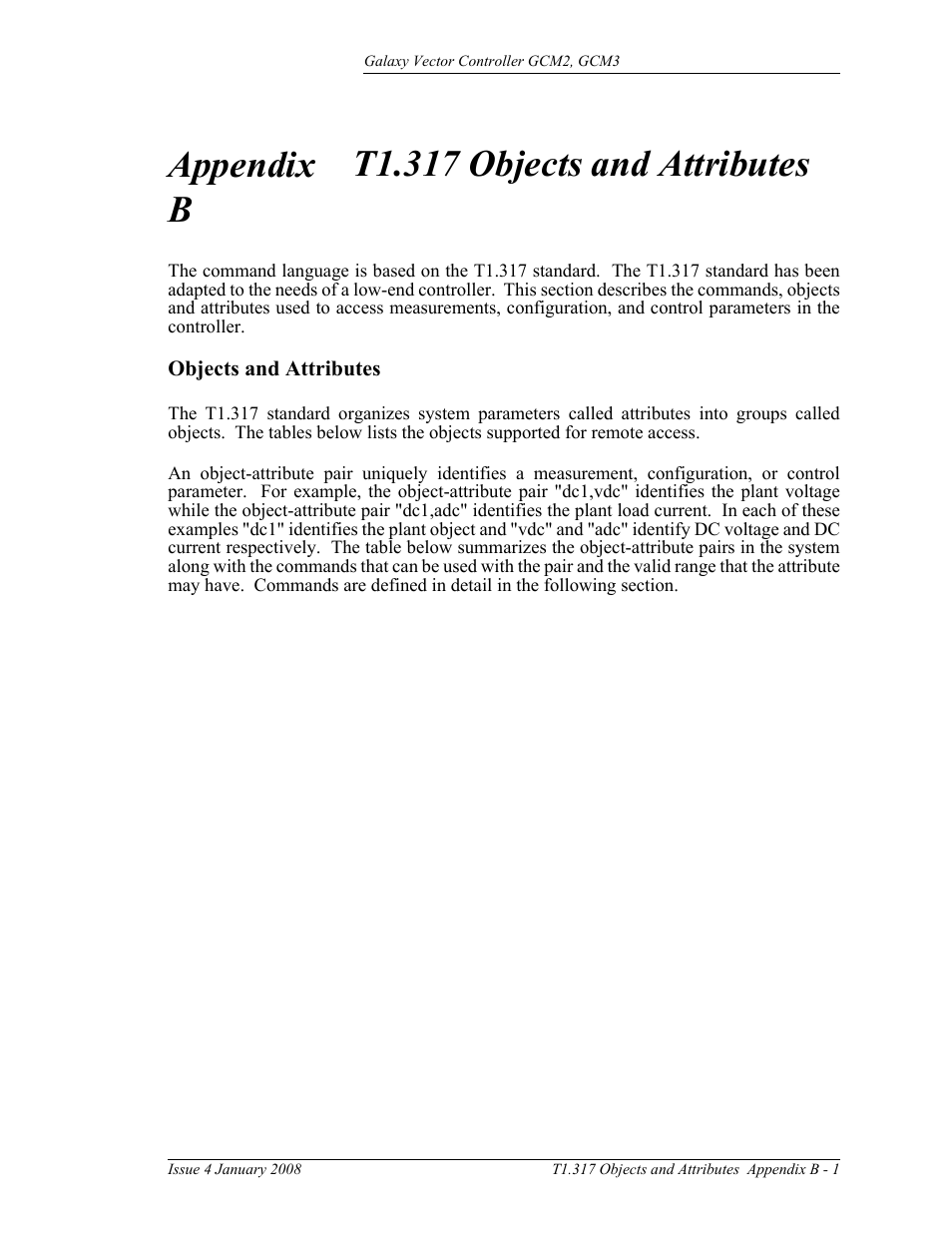 T1.317 objects and attributes, Objects and attributes, Appendix | B - 1 | GE Industrial Solutions Galaxy Vector Controller GCM3 User Manual | Page 93 / 102