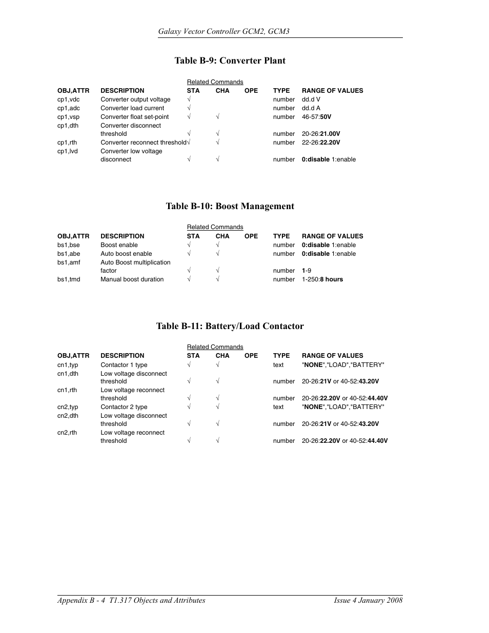 Table b-9: converter plant, B - 4, Table b-10: boost management | Table b-11: battery/load contactor | GE Industrial Solutions Galaxy Vector Controller GCM3 User Manual | Page 96 / 102