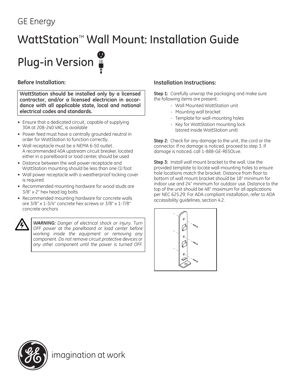 GE Industrial Solutions WattStation Wall Mount Plug-in Version User Manual | 2 pages