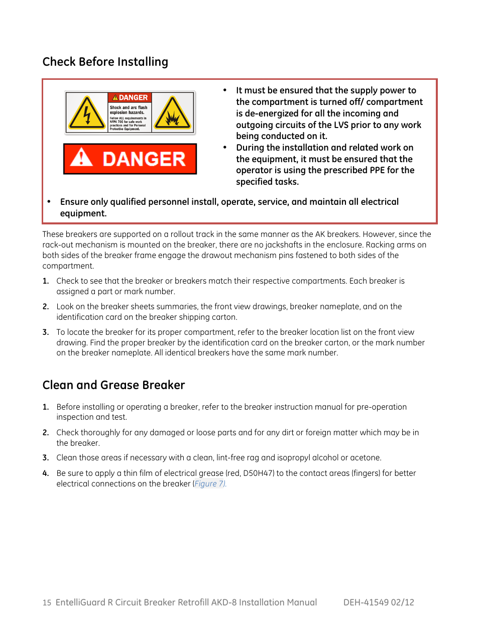 Check before installing, Clean and grease breaker | GE Industrial Solutions EntelliGuard R AKD-8 User Manual | Page 16 / 45