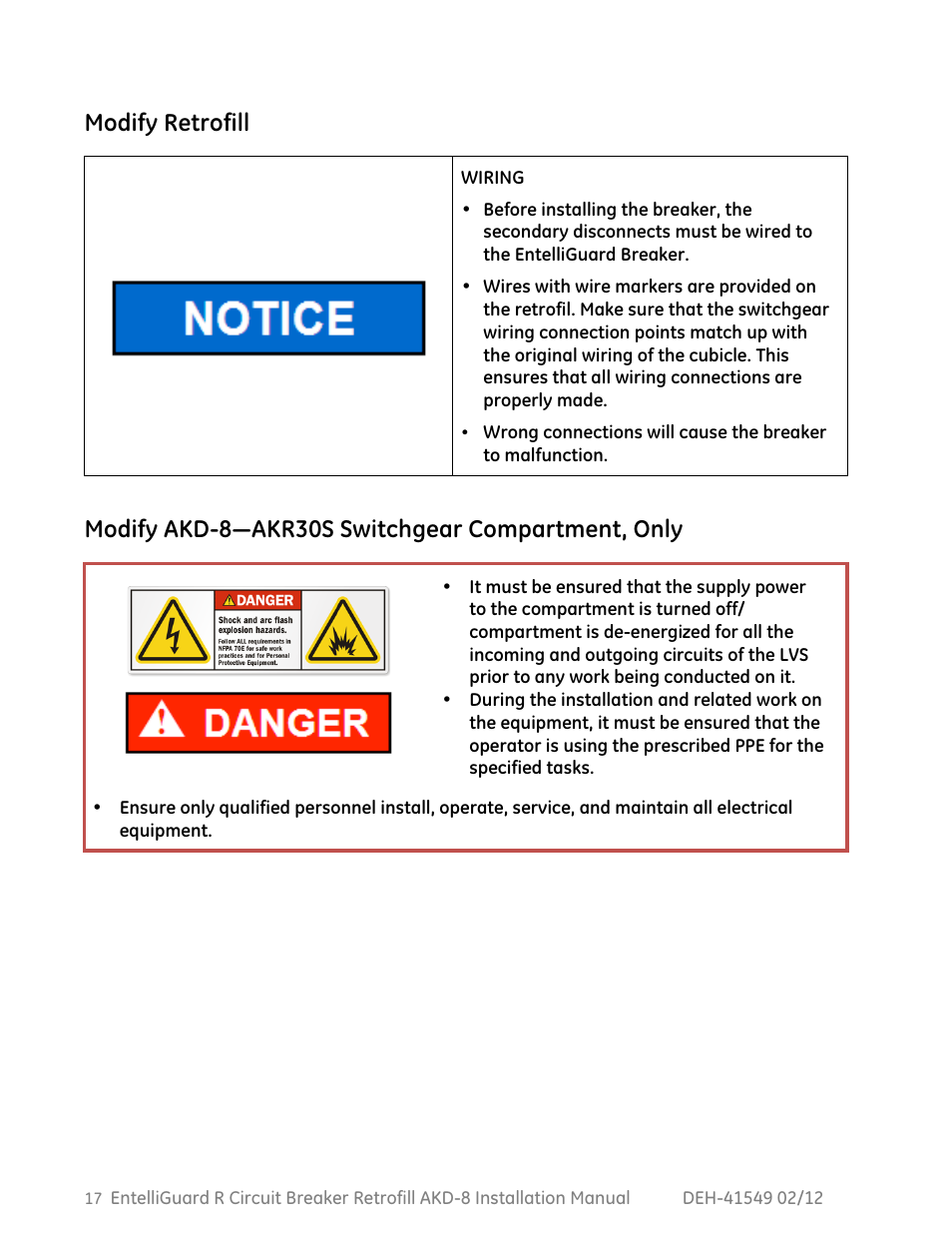 Modify retrofill, Modify akd-8—akr30s switchgear compartment, only | GE Industrial Solutions EntelliGuard R AKD-8 User Manual | Page 18 / 45