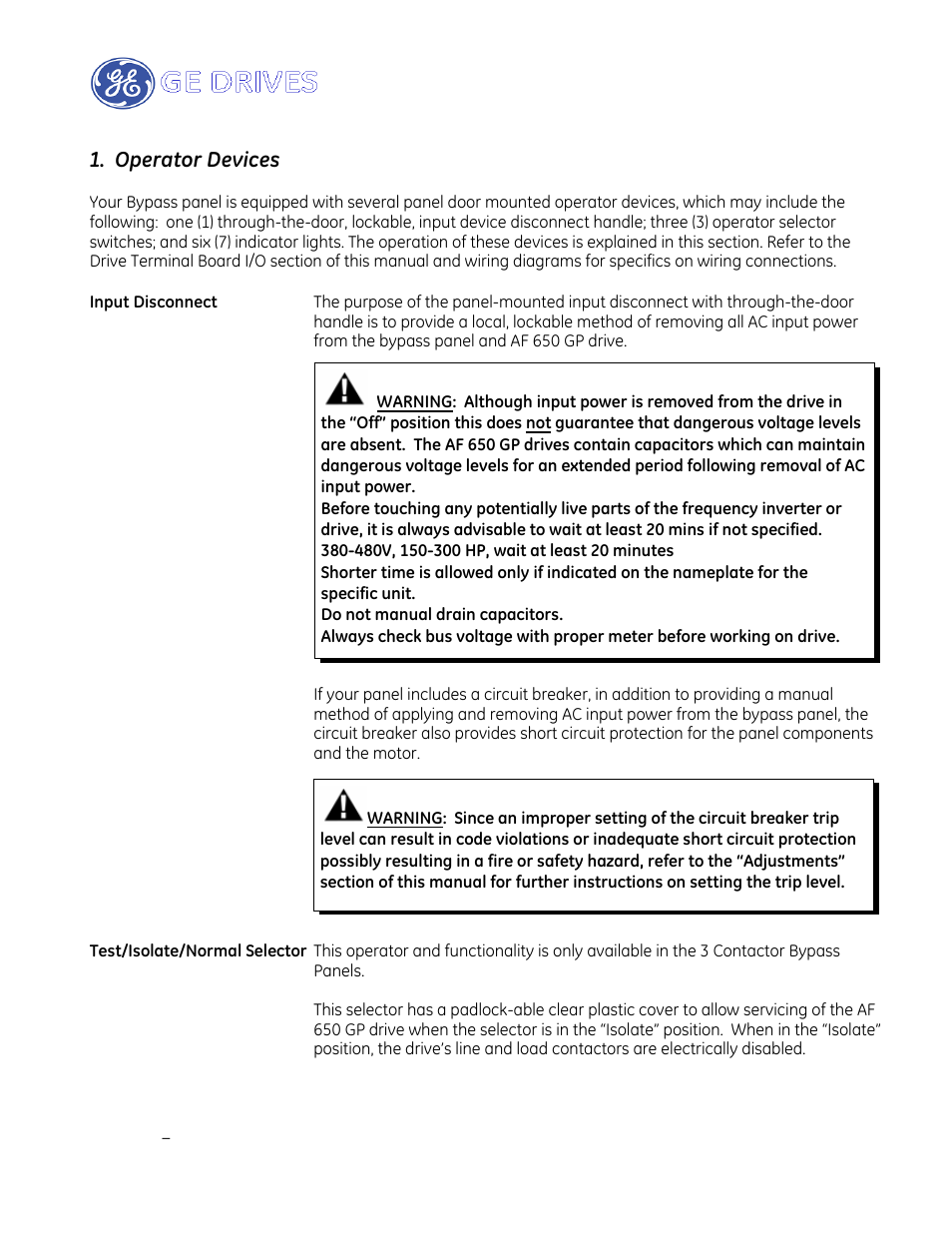 Operator devices | GE Industrial Solutions AF-650 GP Drive Panel User Manual | Page 10 / 57