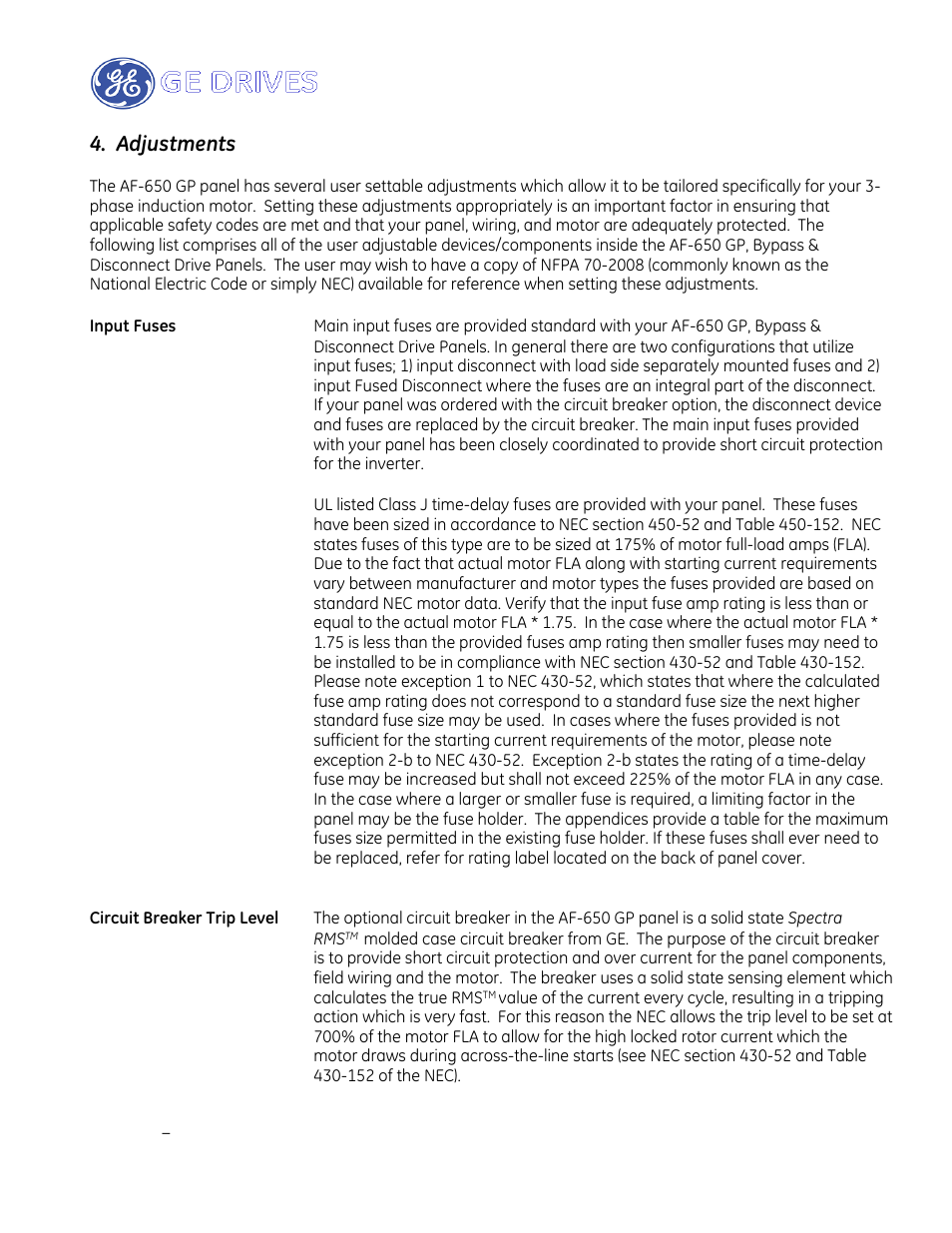 Adjustments | GE Industrial Solutions AF-650 GP Drive Panel User Manual | Page 34 / 57
