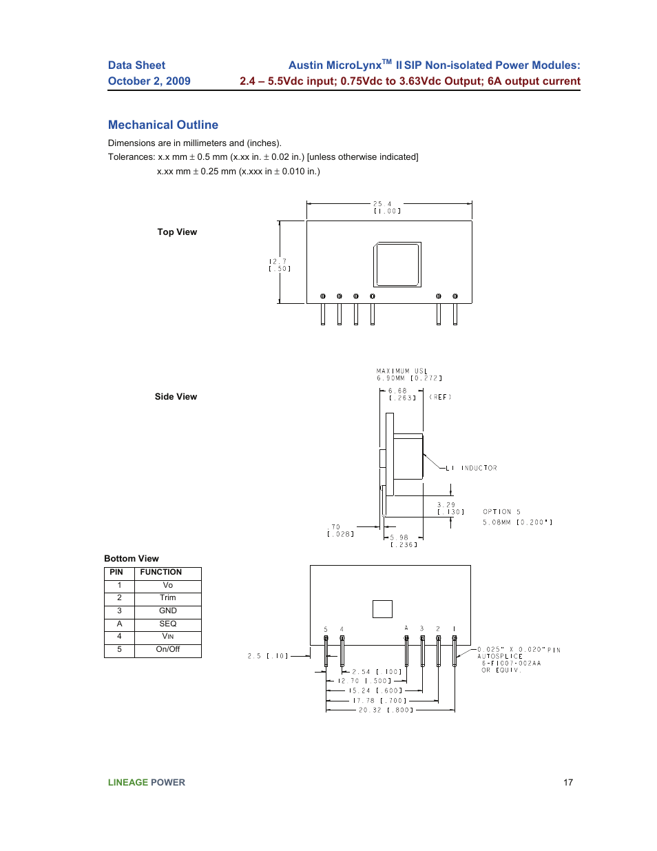 Mechanical outline | GE Industrial Solutions Austin Microlynx II SIP User Manual | Page 17 / 19