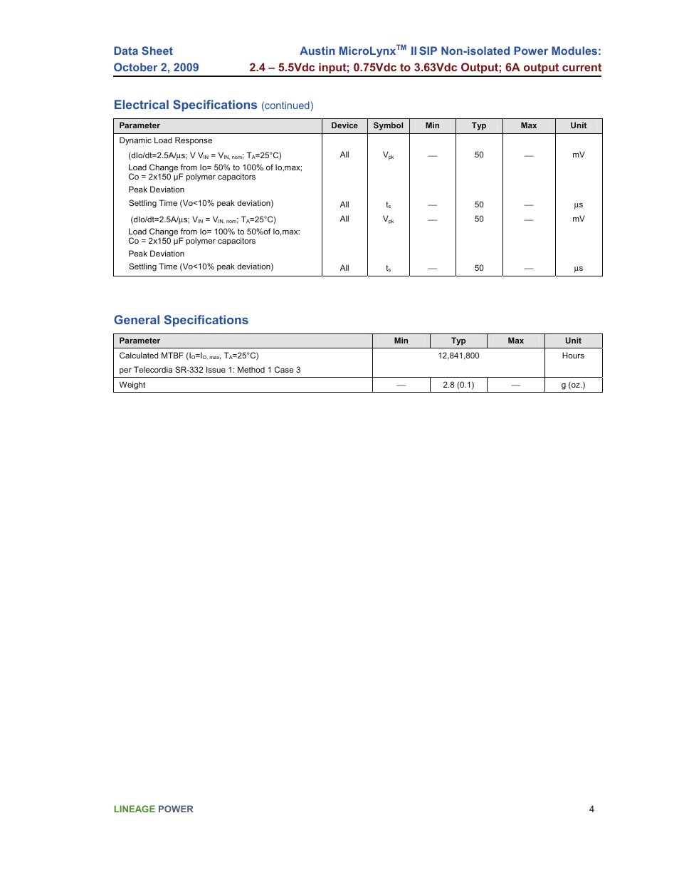 Electrical specifications, General specifications, Austin microlynx | GE Industrial Solutions Austin Microlynx II SIP User Manual | Page 4 / 19
