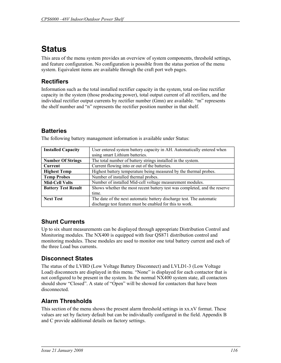 Status | GE Industrial Solutions CPS6000 User Manual | Page 116 / 212