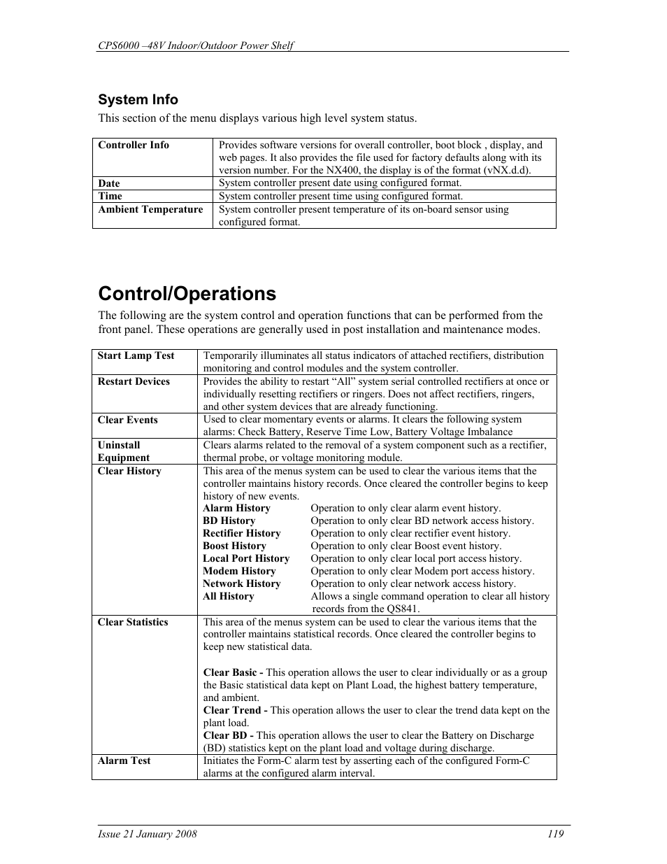 Control/operations, System info | GE Industrial Solutions CPS6000 User Manual | Page 119 / 212