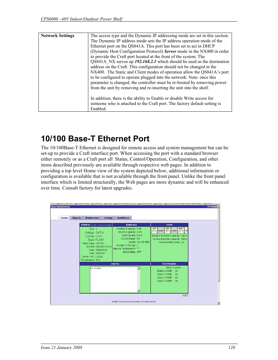 10/100 base-t ethernet port | GE Industrial Solutions CPS6000 User Manual | Page 128 / 212
