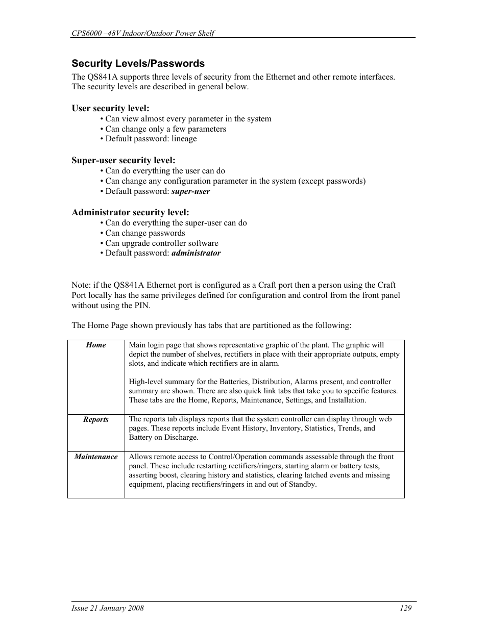 Security levels/passwords | GE Industrial Solutions CPS6000 User Manual | Page 129 / 212