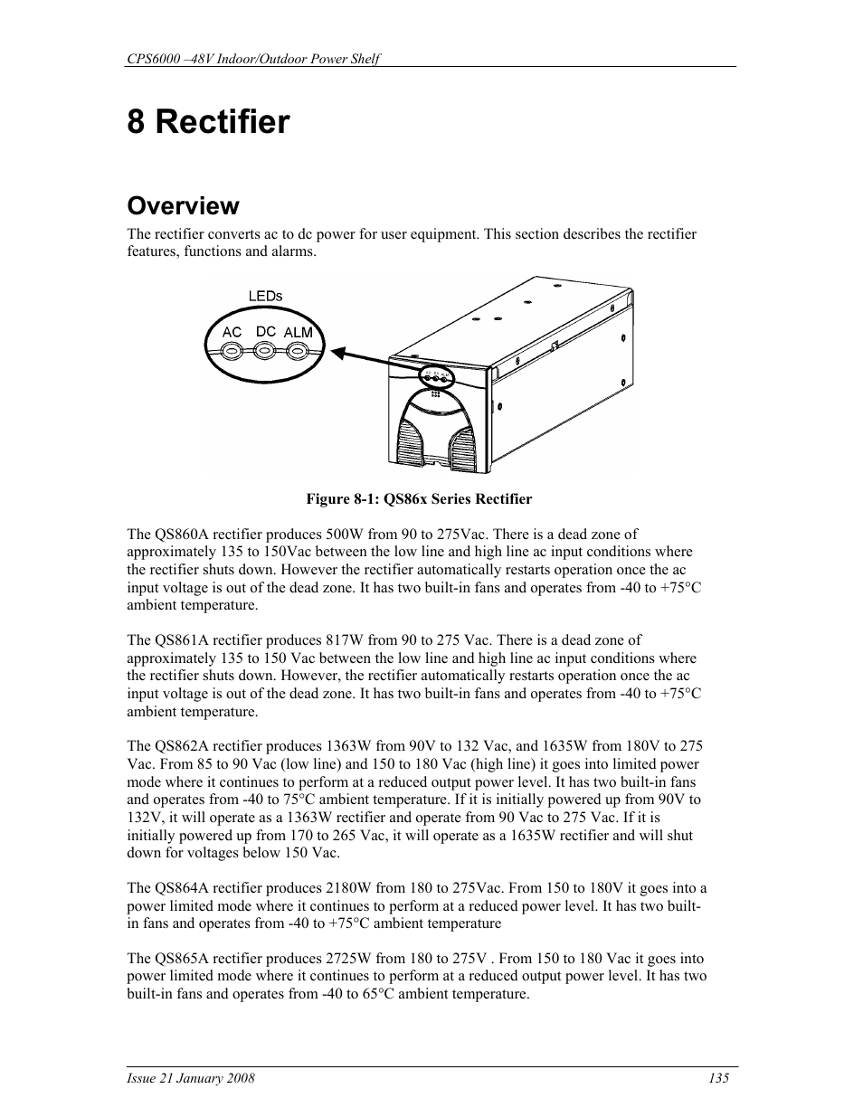 8 rectifier, Overview | GE Industrial Solutions CPS6000 User Manual | Page 135 / 212