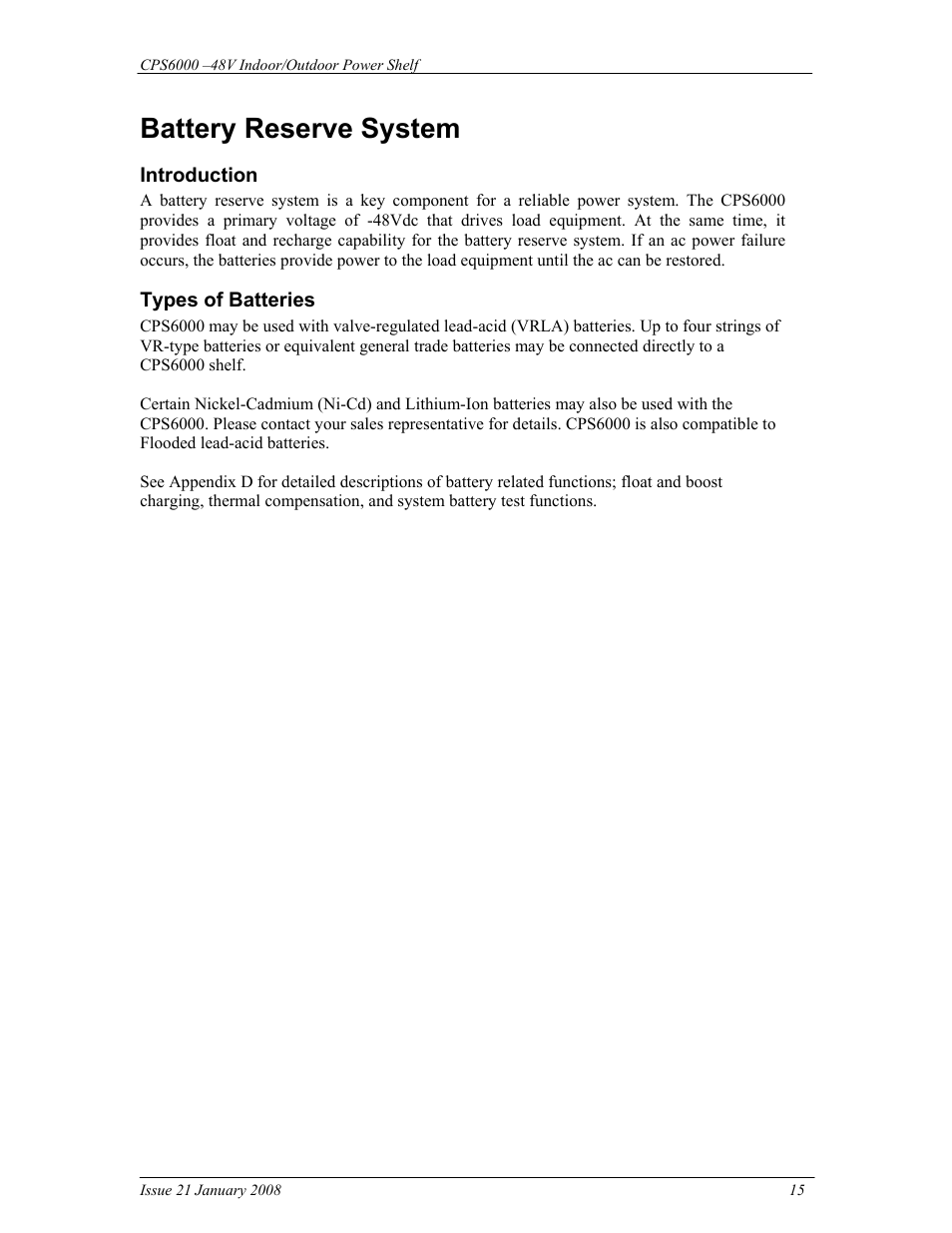 Battery reserve system | GE Industrial Solutions CPS6000 User Manual | Page 15 / 212