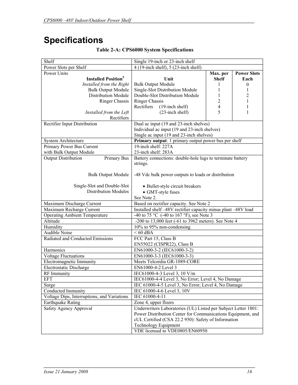 Specifications | GE Industrial Solutions CPS6000 User Manual | Page 16 / 212